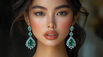 Stunning model showcases elegant emerald earrings in a close-up portrait photo