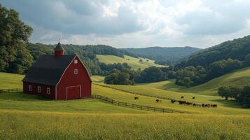 Red barn surrounded by green hills and grazing cows on a cloudy day photo