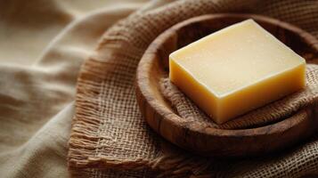Natural handmade soap displayed on wooden plate with soft natural lighting and citrus in background photo