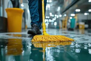Cleaning worker mops floor in industrial space during daytime photo
