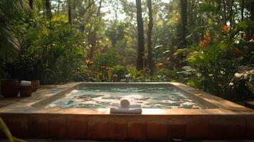 Relaxing garden retreat with a hot tub surrounded by lush greenery and natural light in the afternoon photo