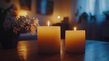 Warm glow of a candle illuminating a dark space with soft bokeh background photo