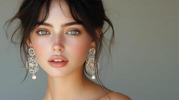 Captivating portrait of a woman with natural beauty and elegant accessories in lush surroundings photo