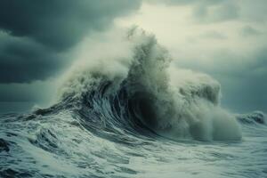 Massive ocean wave crashing against the shore under dark stormy clouds photo