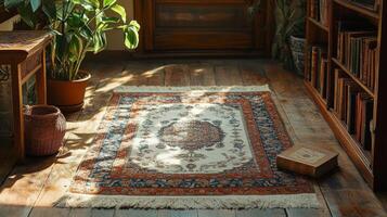 Intricate rug with an open book and decorative lantern in a cozy reading corner photo