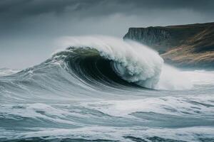 Massive ocean wave crashing against the shore under dark stormy clouds photo