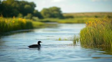 Calm water flowing through lush green marshland under clear blue sky in midday photo