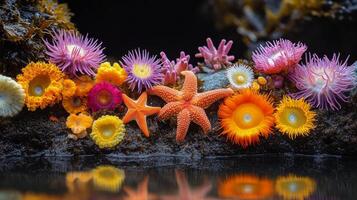 Colorful marine life displayed along rocky shore at low tide in vibrant underwater ecosystem photo