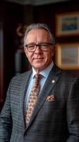 Business professional in a formal suit poses confidently in an office setting photo