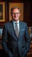 Business professional in a formal suit poses confidently in an office setting photo