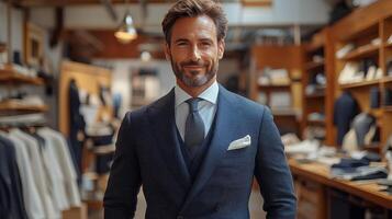 Man in tailored suit posing in a stylish menswear store showcasing elegant attire photo