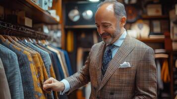 Man in tailored suit posing in a stylish menswear store showcasing elegant attire photo