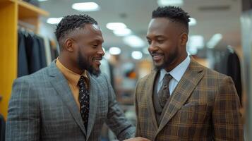 Man in tailored suit posing in a stylish menswear store showcasing elegant attire photo