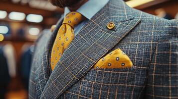 Man in tailored suit posing in a stylish menswear store showcasing elegant attire photo
