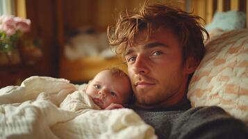 Father cuddles newborn baby in cozy indoor setting during morning light photo