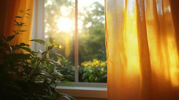 Warm sunlight filtering through curtains illuminating a plant by the window in a cozy room photo