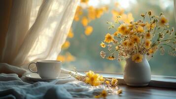 Warm sunlight filtering through curtains illuminating a plant by the window in a cozy room photo