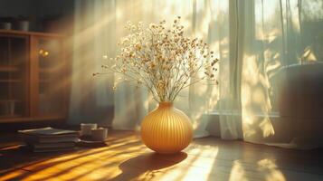 Warm sunlight filtering through curtains illuminating a plant by the window in a cozy room photo