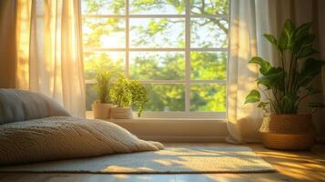 Warm sunlight filtering through curtains illuminating a plant by the window in a cozy room photo