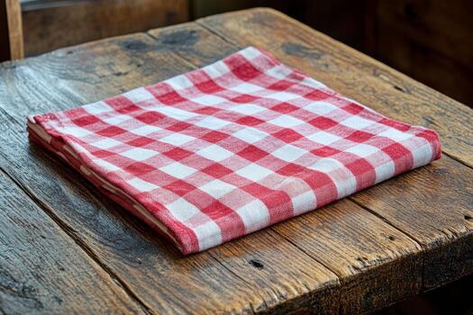 Red and white checkered tablecloth on rustic wood surface creates a cozy dining atmosphere photo
