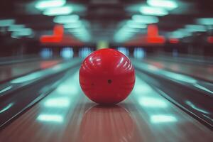 Bowling ball rolls down the lane toward the pins in a vibrant bowling alley setting photo