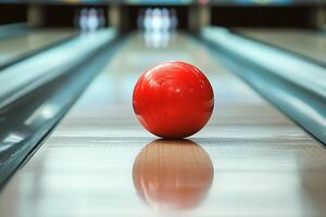 Bowling ball rolls down the lane toward the pins in a vibrant bowling alley setting photo