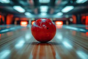 Bowling ball rolls down the lane toward the pins in a vibrant bowling alley setting photo