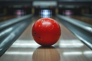 Bowling ball rolls down the lane toward the pins in a vibrant bowling alley setting photo