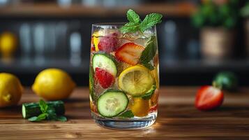 Refreshing fruit-infused drink garnished with mint served in a clear glass on a wooden table photo