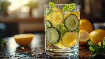 Refreshing fruit-infused drink garnished with mint served in a clear glass on a wooden table photo