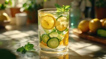 Refreshing fruit-infused drink garnished with mint served in a clear glass on a wooden table photo