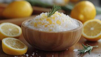 Fresh lemon slices arranged in a wooden bowl with rosemary against a dark background photo