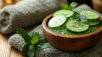 Relaxation and rejuvenation during a spa treatment with a green face mask and cucumber slices photo