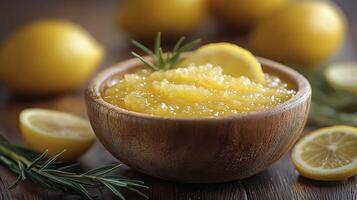 Fresh lemon slices arranged in a wooden bowl with rosemary against a dark background photo