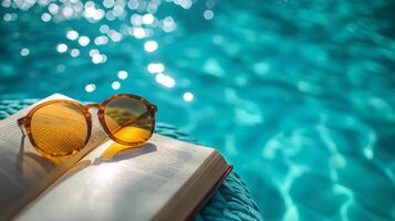 Relaxing by the poolside with a drink and a book in a tropical oasis photo