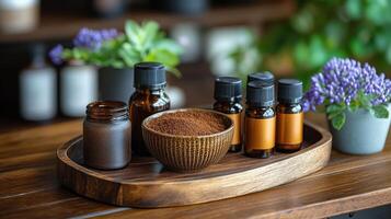 Elegant arrangement of aromatic coffee, spices, and lavender on a textured surface in a cozy kitchen setting photo