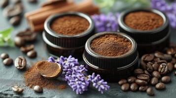 Elegant arrangement of aromatic coffee, spices, and lavender on a textured surface in a cozy kitchen setting photo