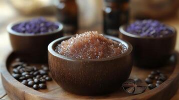 Elegant arrangement of aromatic coffee, spices, and lavender on a textured surface in a cozy kitchen setting photo