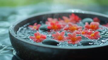 Person standing on stones in a tranquil pool surrounded by vibrant flowers at sunset photo
