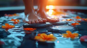Person standing on stones in a tranquil pool surrounded by vibrant flowers at sunset photo