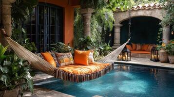 Relaxing hammock near a tranquil pool surrounded by lush greenery in a serene garden setting photo