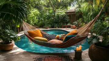 Relaxing hammock near a tranquil pool surrounded by lush greenery in a serene garden setting photo