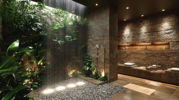 Modern shower design in a rustic stone bathroom with soft lighting in a cozy atmosphere photo