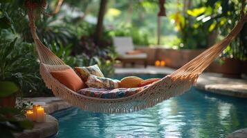Relaxing hammock near a tranquil pool surrounded by lush greenery in a serene garden setting photo