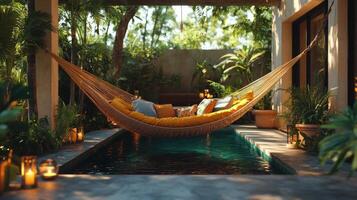 Relaxing hammock near a tranquil pool surrounded by lush greenery in a serene garden setting photo