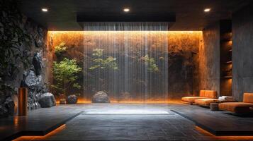 Modern shower design in a rustic stone bathroom with soft lighting in a cozy atmosphere photo
