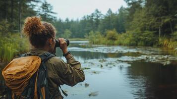Man observing nature with binoculars near a river on a rainy day in a forested area photo