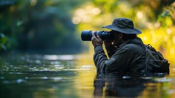 Man observing nature with binoculars near a river on a rainy day in a forested area photo