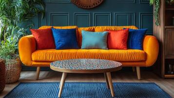 Cozy and vibrant living room with colorful couch and plants in a well-lit indoor space photo