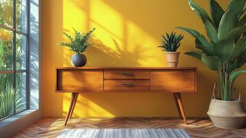 Stylish wooden console table with plants in a vibrant blue room during daytime photo
